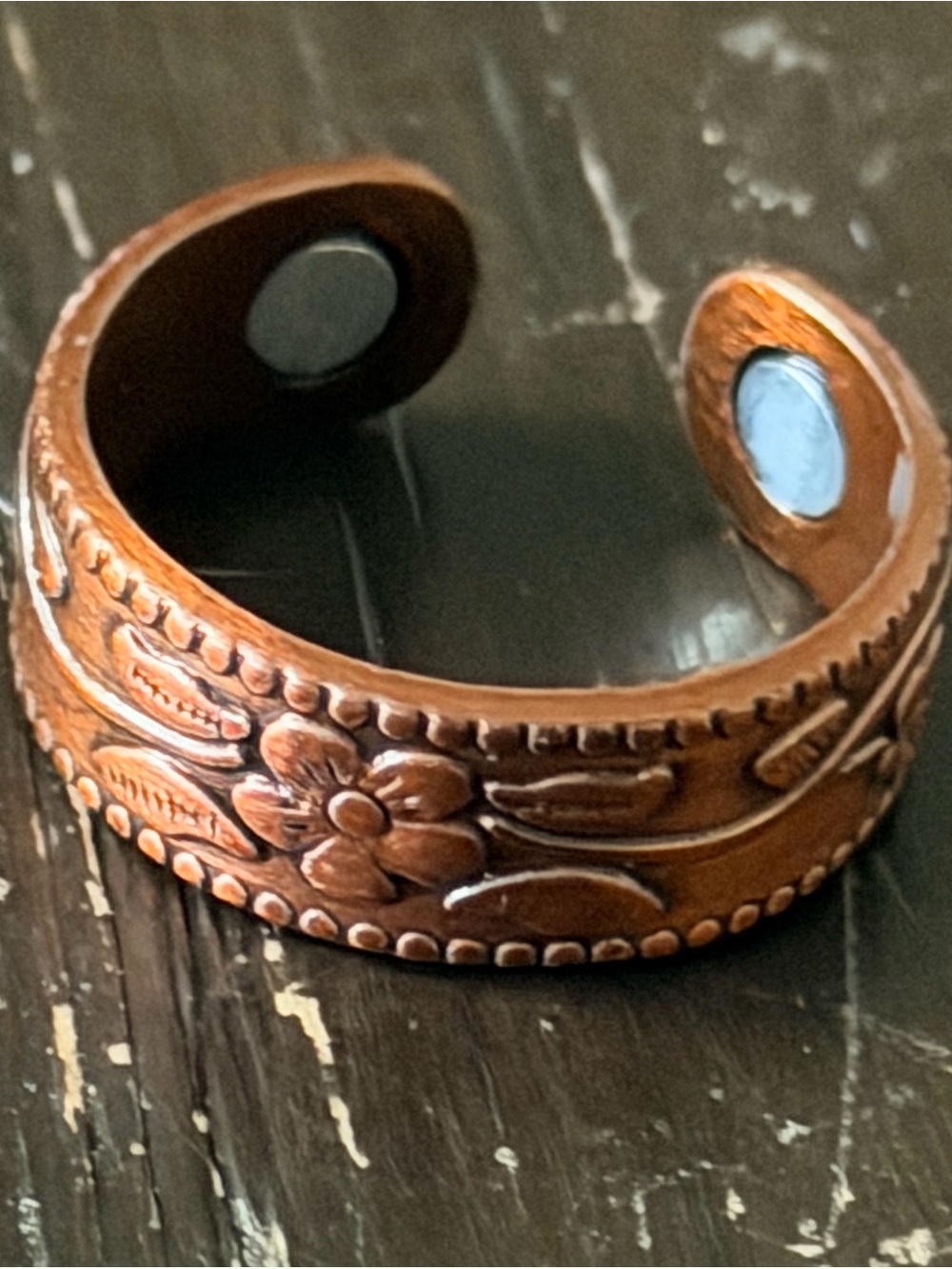 Copper Flowers and Vines Embossed Magnetic Open  Adjustable Ring